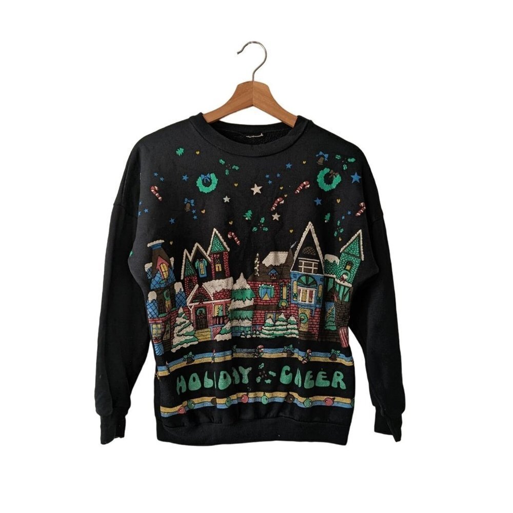 VINTAGE Black Gingerbread House HOLIDAY CHEER Ugly Christmas Sweatshirt